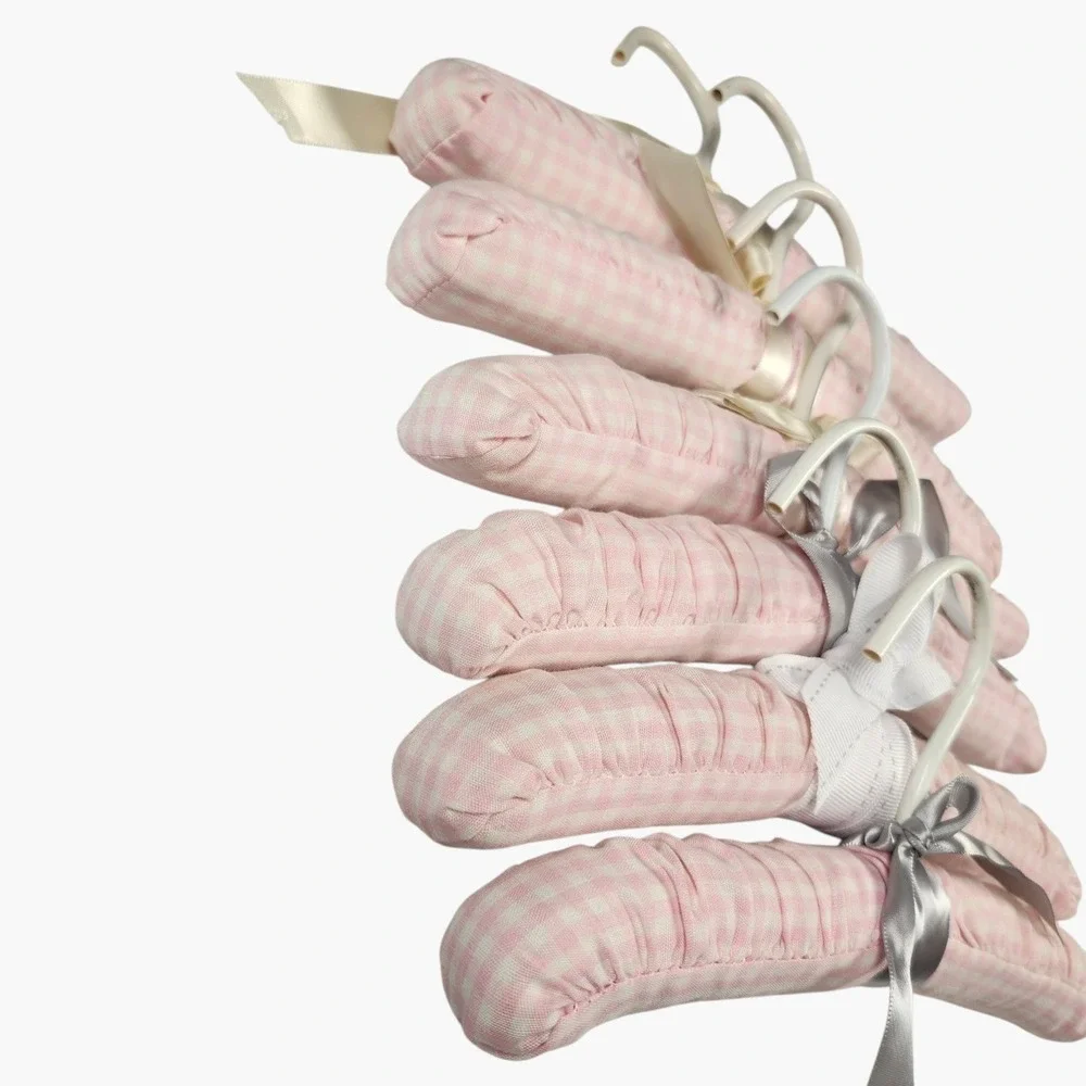 Baby Padded Hangers Set of 6 Pink Gingham Check Satin Bow‎ Cottagecore